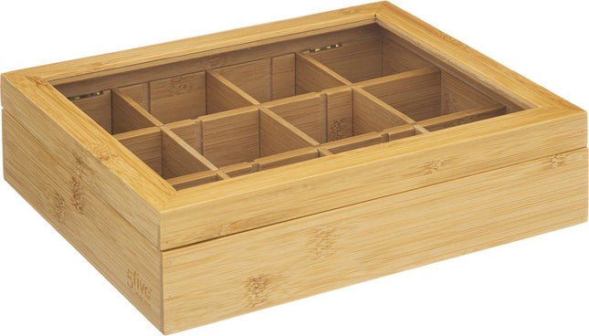 5Five Teedose/Aufbewahrungsbox – 12 Fächer – Bambusholz – 23 x 28 x 7 cm – Variable Facheinteilung