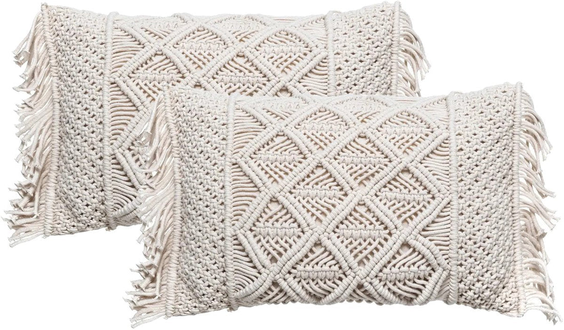 Atmosphera sierkussen Macramé Ibiza – set van 2, ivoorwit, 30 x 50 cm
