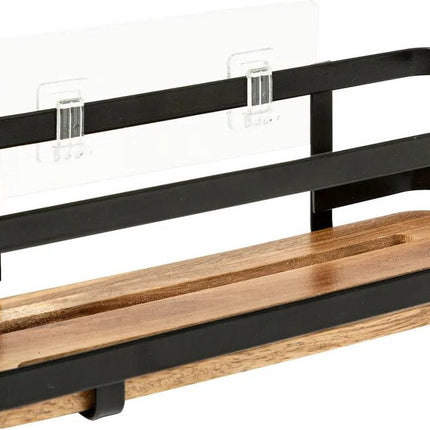 5Five Badkamer douche rekje organizer - zwart metaal/acacia hout - zuignappen - 25 x 10 x 8 cm