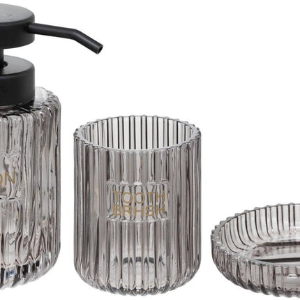 Badkameraccessoires Set van 3 – Grijs Glas – Zeepbakje, Tandenborstelhouder & Zeepdispenser – Modern Design