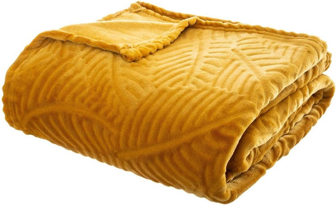Plaid polaire feuilles - 220 cm x 240 cm - Jaune