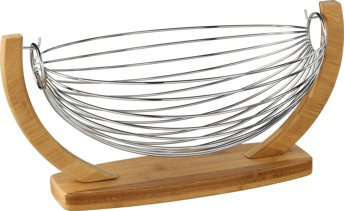 5Five hangende fruitmand in voet – fruitschaal van staal en bamboe, 37 cm