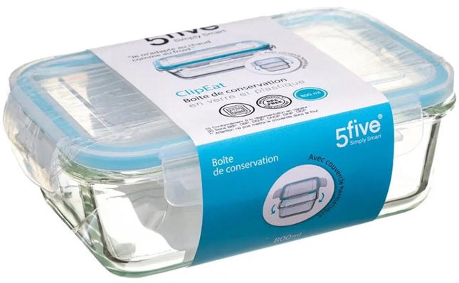 Set van 5 Kristalglas Lunchboxen – 800 ml Vershoudbakjes met Lichtblauw Randje – Glazen Lunchbox voor Salade, Maaltijden of Meal Prep – 18,5 x 12,5 x 6 cm