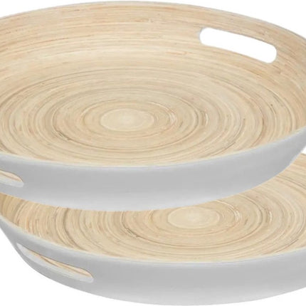 5Five Dienblad/serveerblad rond - 2x stuks - D42 cm - bamboe hout - wit - met handvaten - Dienbladen