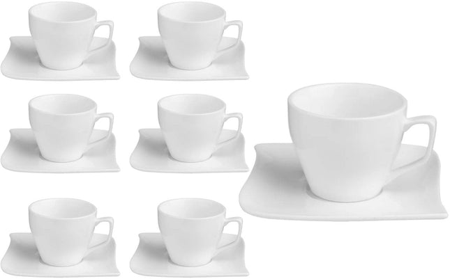 Set van 6 Porseleinen Koffiekopjes "Wave" - 9cl - Ook geschikt voor Professioneel Gebruik - Kop en Schotel