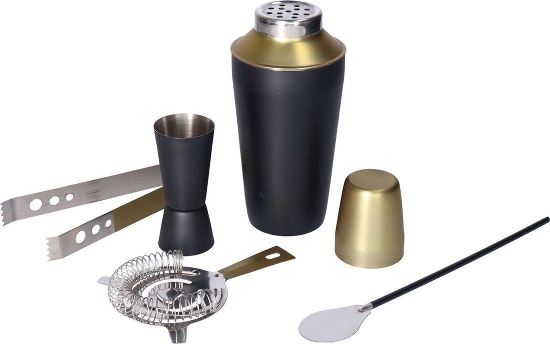 Coffret de luxe de shakers à cocktail, couleur noir et or, 5 pièces - Coffret cadeau