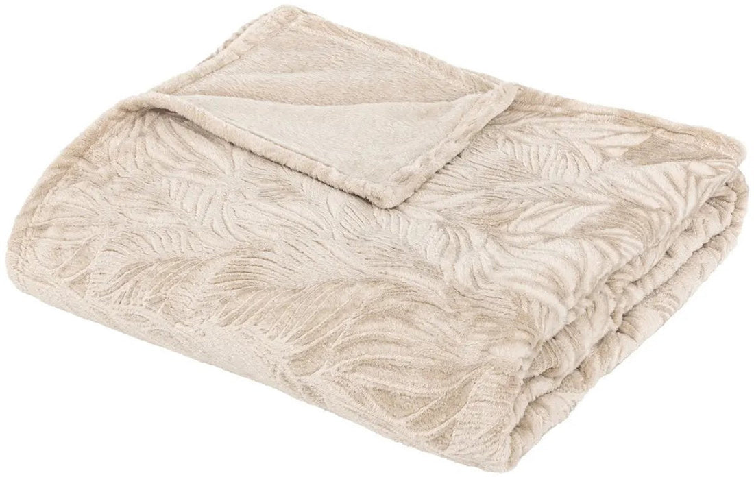 Atmosphera fleece plaid beige met palmbladpatroon – deken 180 x 230 cm