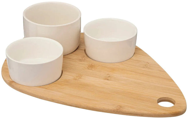 5Five Servierplatte Bambus – mit 4x luxuriösen Schalen – 35 x 24 cm – Tapas- und Saucenschalen – weiß