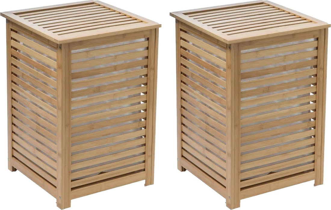 5Five Panier à Linge Bambou - 2x - Avec sac à linge - 50 litres - 40 x 38 x 58 cm - avec couvercle