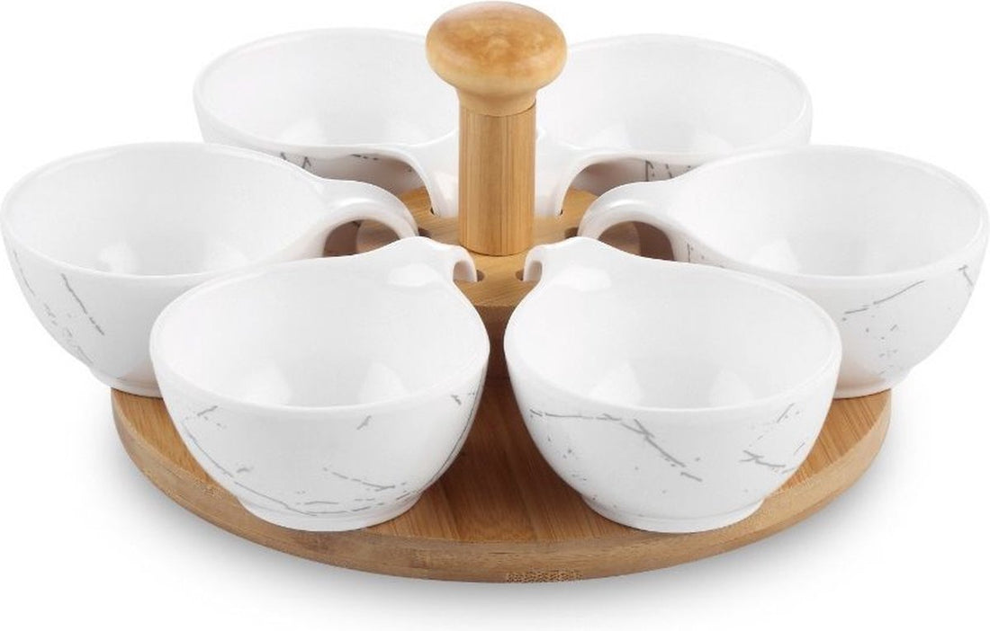 Plateau tournant à tapas en bois avec coupelles en mélamine blanche - planche de service pour apéritif