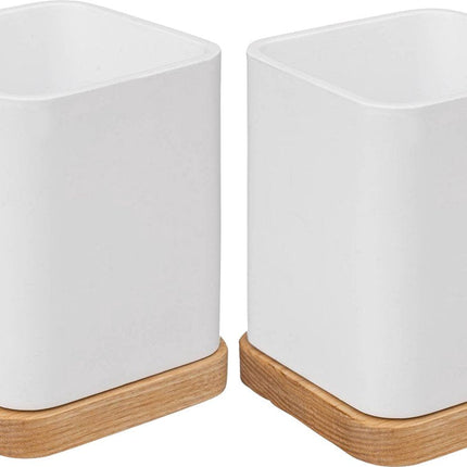 5Five Zahnbürstenhalter/Organizer - 2 Stück - weiß - 10 x 8 cm - Bambus - Zahnbürstenbecher