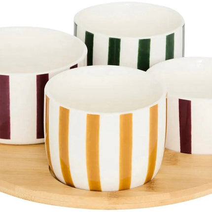 Servierbrett Rund aus Akazienholz mit 4 Keramikschalen - Ø25 cm - Snackplatte für Tapas, Dips und Fingerfood - Farbmix - Spülmaschinenfest