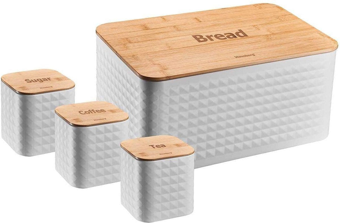Klausberg 7483 broodtrommel met bussen voor suiker, thee en koffie – wit/bamboe