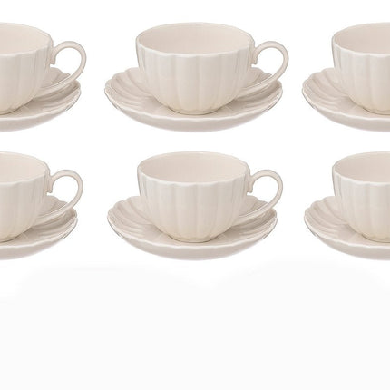 Set aus 6 weißen Porzellan-Kaffeetassen mit Untertasse – 22 cl – Elegantes geripptes Design