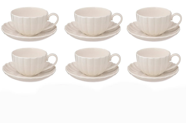 Set van 6 Witte Porseleinen Koffiekopjes met Schotel – 22 cl – Elegant Geribbeld Design