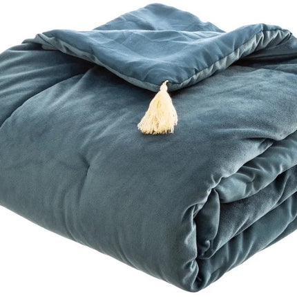 Velvet bed sprei petrol blauw met franje  180 cm x 80 cm - Kleed