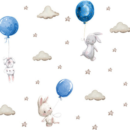 Wandtattoo Häschen mit Ballons – Blau – Wanddeko-Set für das Kinderzimmer – 76x115 cm – Selbstklebende Wandaufkleber für Spielzimmer & Kinderzimmer