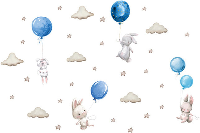 Wandtattoo Häschen mit Ballons – Blau – Wanddeko-Set für das Kinderzimmer – 76x115 cm – Selbstklebende Wandaufkleber für Spielzimmer & Kinderzimmer