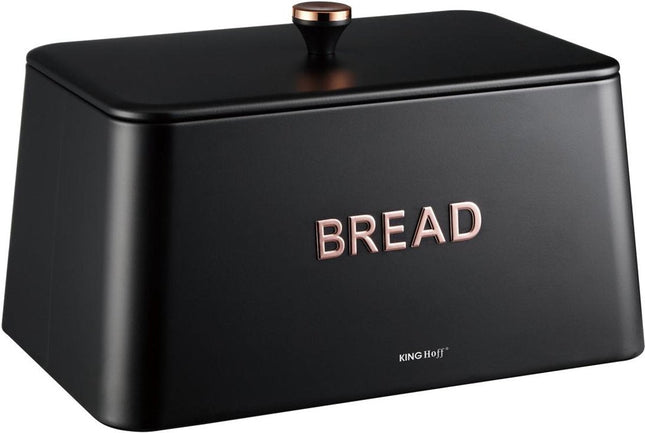 KINGHOFF Brotkasten - Brotdose Metall - Matt Schwarz - 35x23x21 cm - Lüftungslöcher - Hygienisch & Leicht zu Reinigen - Brotbehälter