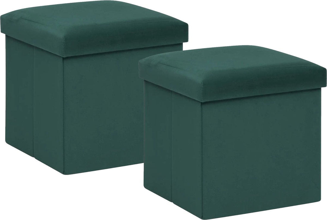 Atmosphera Pouf/tabouret/repose-pieds Amber - 2x - Boîte de rangement pliante - velours vert émeraude - D38 x H38 cm - MDF/polyester