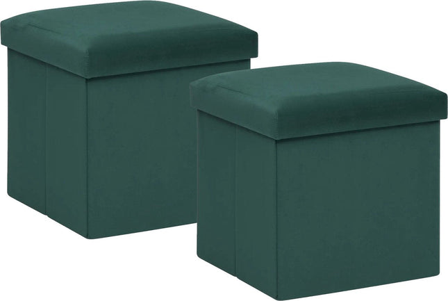 Atmosphera Poef/krukje/hocker Amber - 2x - Opvouwbare zit opslag box - fluweel smaragd groen - D38 x H38 cm - MDF/polyester