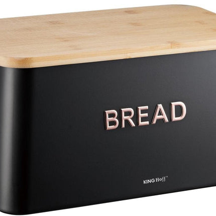 KINGHOFF Brotkasten 2 in 1 - Schwarz - 35x23x18 cm - Mit Bambusdeckel - Hygienisch & Leicht zu reinigen - Kann als Schneidebrett verwendet werden