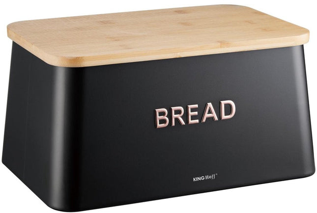 KINGHOFF Brotkasten 2 in 1 - Schwarz - 35x23x18 cm - Mit Bambusdeckel - Hygienisch & Leicht zu reinigen - Kann als Schneidebrett verwendet werden