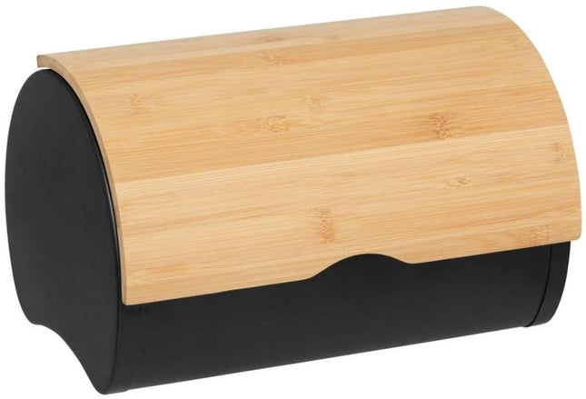 5Five Broodtrommel met klep/deksel - bamboe hout/metaal - 32 x 20 x 24 cm - zwart/naturel - Brooddozen