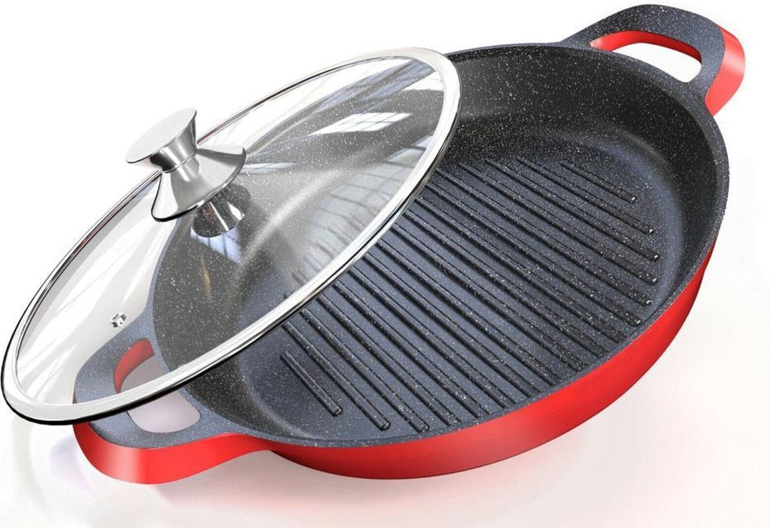 Non-stick cast aluminum grill pan 32 cm with lid red