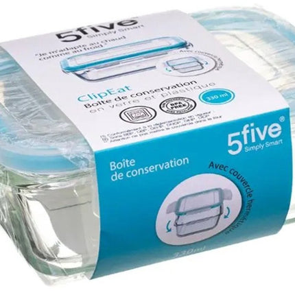 5Five Vershoudbakje met deksel - 2x - glas - luchtdicht - met clips - 14 x 10 x 5 cm - 330 ml
