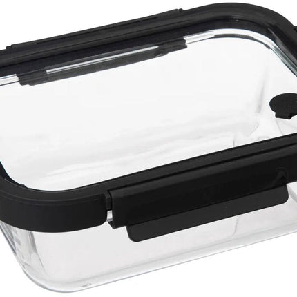5Five Vershoudbakje met deksel - 2x - glas - luchtdicht - met clips - 21 x 17 x 7 cm - 900 ml - zwart/transparant