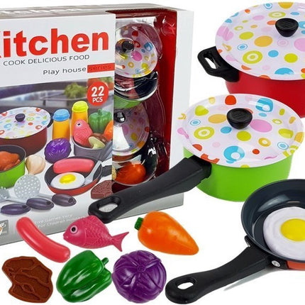 22-teiliges Spielzeug-Kochgeschirr-Set für Kinderküche – Inklusive Töpfen und Lebensmitteln – Ab 3 Jahren