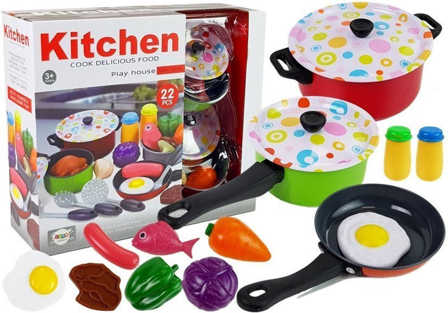 22-teiliges Spielzeug-Kochgeschirr-Set für Kinderküche – Inklusive Töpfen und Lebensmitteln – Ab 3 Jahren