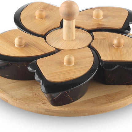 Serveer tapasschaal op houten draaiplateau met melamine schaaltjes - Hapjes - Borrelplank-zwart