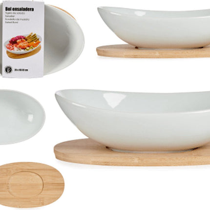 Ovale Porseleinen saladekom met bamboe bodem