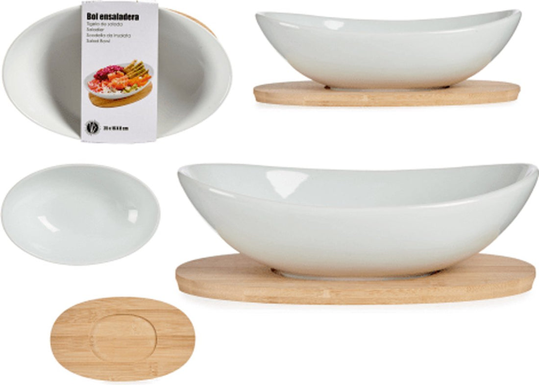 Saladier ovale en porcelaine avec base en bambou