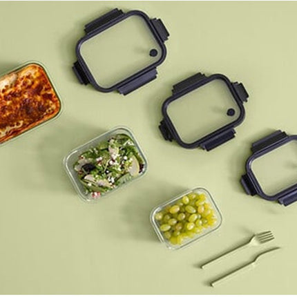 5Five Vershoudbakje met deksel - 2x - glas - luchtdicht - met clips - 21 x 17 x 7 cm - 900 ml - zwart/transparant