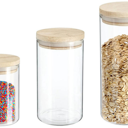 Secret de Gourmet - Küchenvorratsdosen - Behälter - Glas/Holz - 3er-Set - Lebensmittel - 600 ml - 1000 ml - 1300 ml