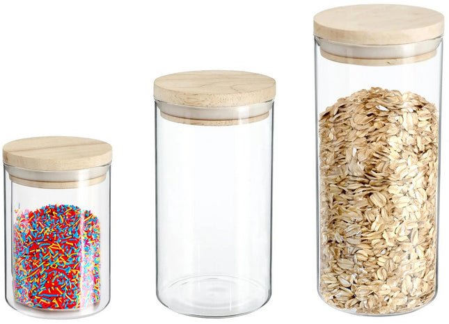 Secret de Gourmet - Küchenvorratsdosen - Behälter - Glas/Holz - 3er-Set - Lebensmittel - 600 ml - 1000 ml - 1300 ml