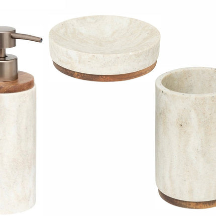 Badezimmer-/WC-Set 3-teilig – Seifenschale, Zahnbürstenhalter & Seifenspender – Marmoreffekt Beige/Weiß – Polyresin Kunststein