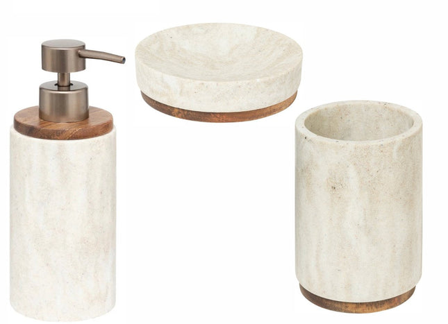 Badezimmer-/WC-Set 3-teilig – Seifenschale, Zahnbürstenhalter & Seifenspender – Marmoreffekt Beige/Weiß – Polyresin Kunststein