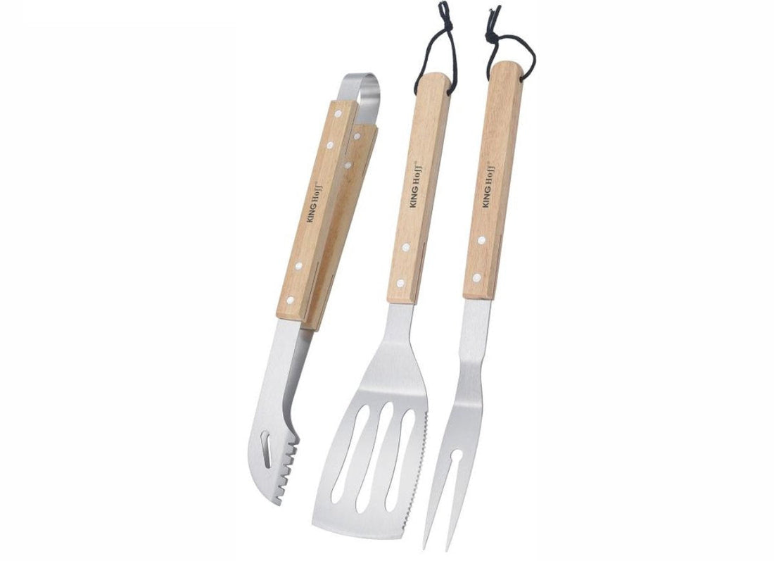 Kinghoff KH-1918 Ensemble barbecue 3 pièces – Kit de grillade en acier inoxydable avec manches en bois – Pince, spatule et fourchette – Convient également pour les barbecues à gaz, Kamado, Green Egg et Weber.