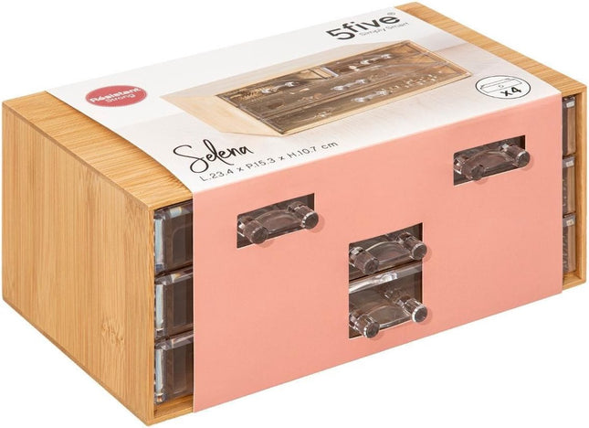5Five sieraden/make-up organizer - 4 lades - 24 x 11 cm - rechthoek - bamboe/kunststof - opbergen