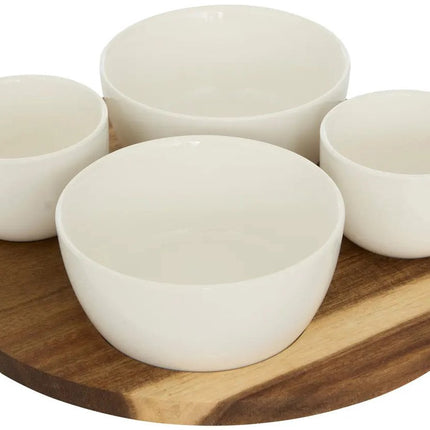 5Five Servierplatte Akazienholz - mit 4x luxuriösen Schälchen - D26 cm - Tapas- und Saucenschälchen - Farb-Mix weiß - Snackplatte