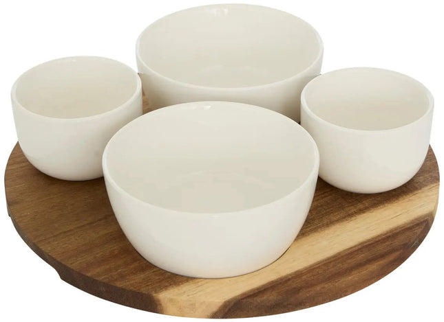 5Five Servierplatte Akazienholz - mit 4x luxuriösen Schälchen - D26 cm - Tapas- und Saucenschälchen - Farb-Mix weiß - Snackplatte