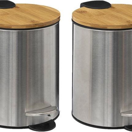 5Five Treteimer - 2x - silber - Bambus/Metall - 3L - 23 cm