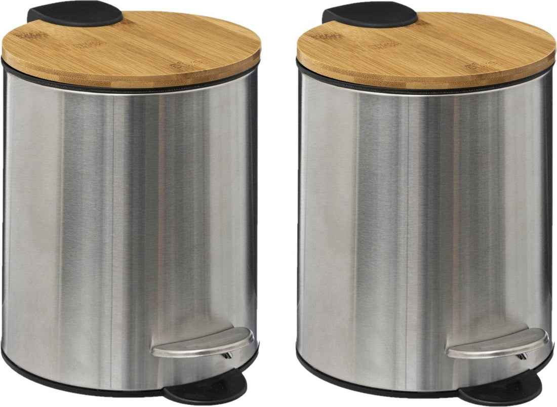 5Five Pedal Bin - 2x - silver - bamboo / metal - 3L - 23 cm