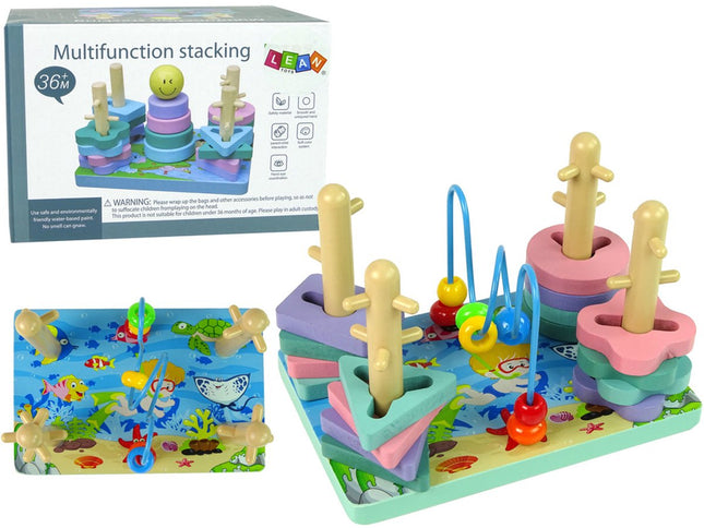 Leantoys Holzklötze Sortierbrett Meereswelt - Lernspielzeug mit Perlenlabyrinth - Formen und Farben Sortieren 3+ - Stapelspiel mit Klötzen - Holzklötze -