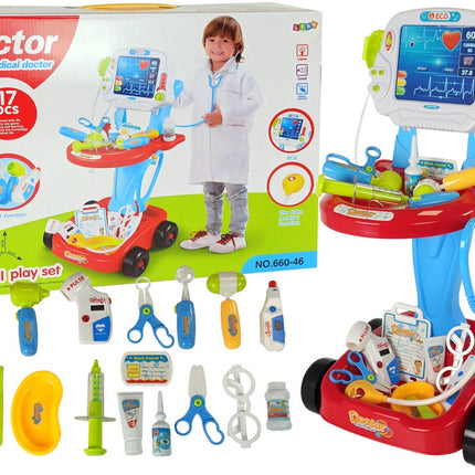 Leantoys Dokterspel 17 delig - Verrijdbare Doktersset met EKG en Licht en Geluid - Speelgoed Arts 3+ - Dokterset Kind - Dokter Speelgoed -