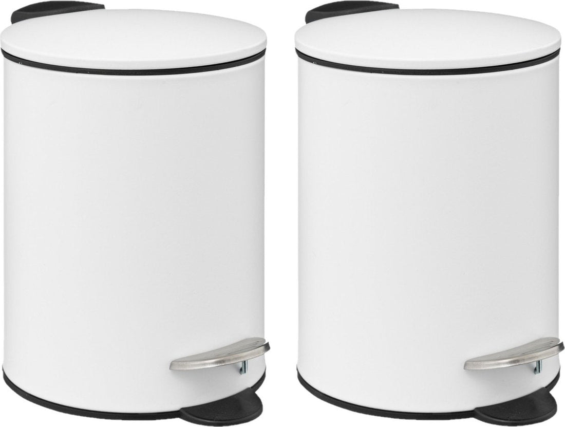 5Five Poubelle à Pédale - 2x - blanc - métal - 3L - 23 cm - fermeture douce